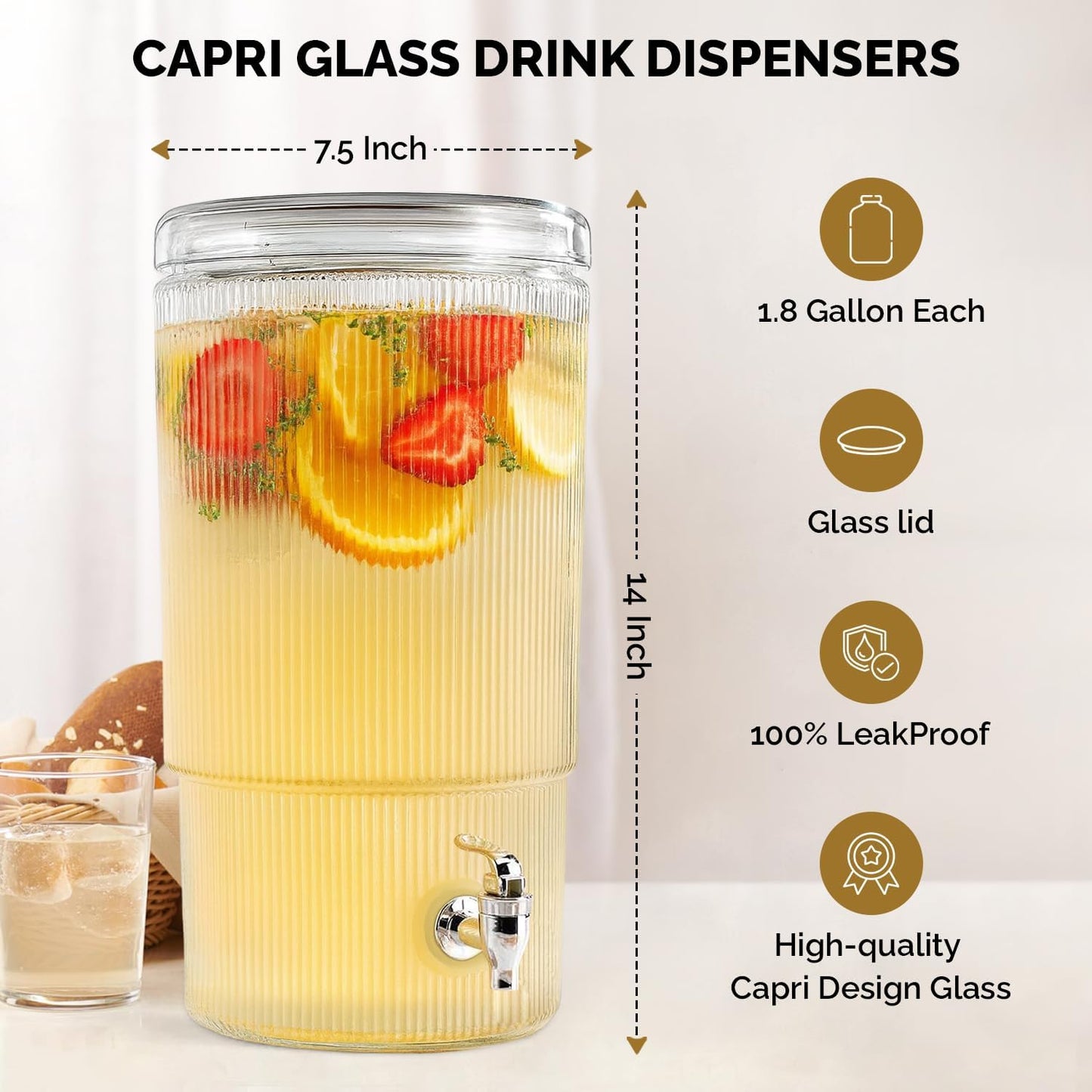 2-PACK Capri Drink Dispenser - Glass Beverage Dispenser, 100% Leakproof Spigot Perfect For Parties And Daily Use Lead-Free Glass, Beautiful Design, 1.8 Gallon