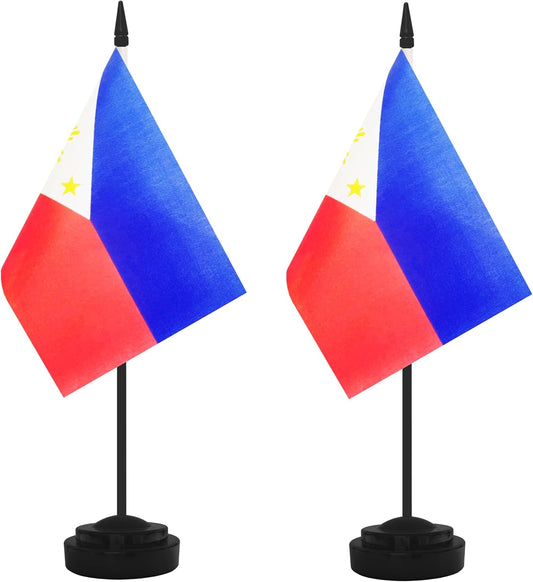 2 Pack Philippine Desk Flag Set, Philippine Desktop Small Miniature Table Office Flag with 12" Black Pole and Black Base, Offices, Classroom, Home, Festival Decoration (Philippine)