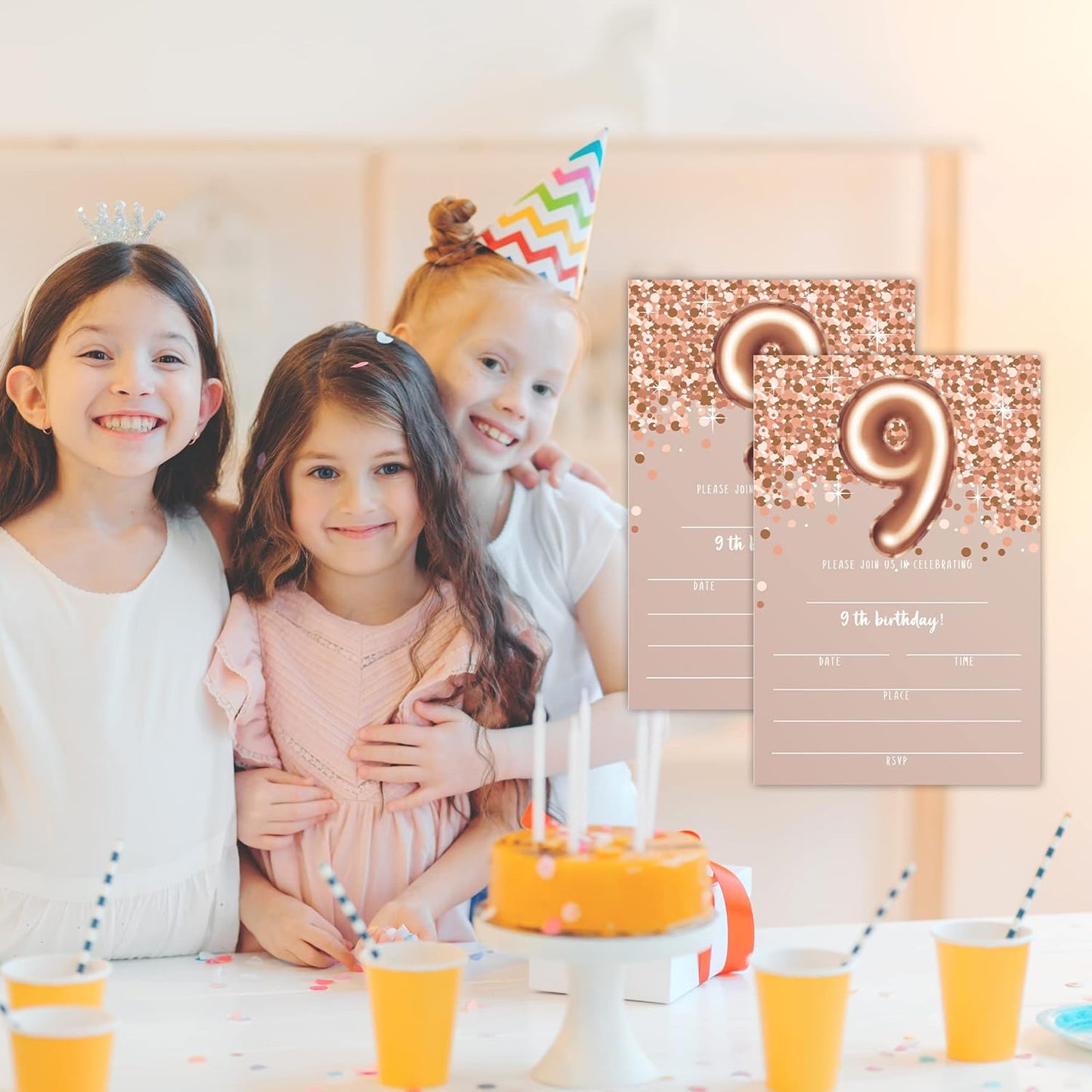 9th Birthday Invitation Cards, Rose Gold Glitter 9th Birthday Party Invites, Kids Happy Birthday Party Decorations Supplies, 20 Fill-in Cards with Envelopes for Boys or Girls Party Celebration - C01