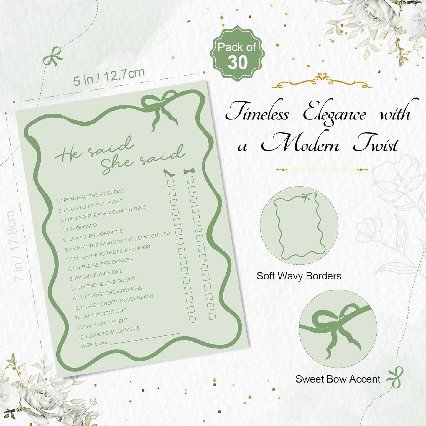 DEEKA 30 PCS Bridal Shower Games Card for 30 Guests Sage Green Wavy Border Ribbon Bow Funny Wedding Bachelorette Party Games for Reception (He Said She Said)