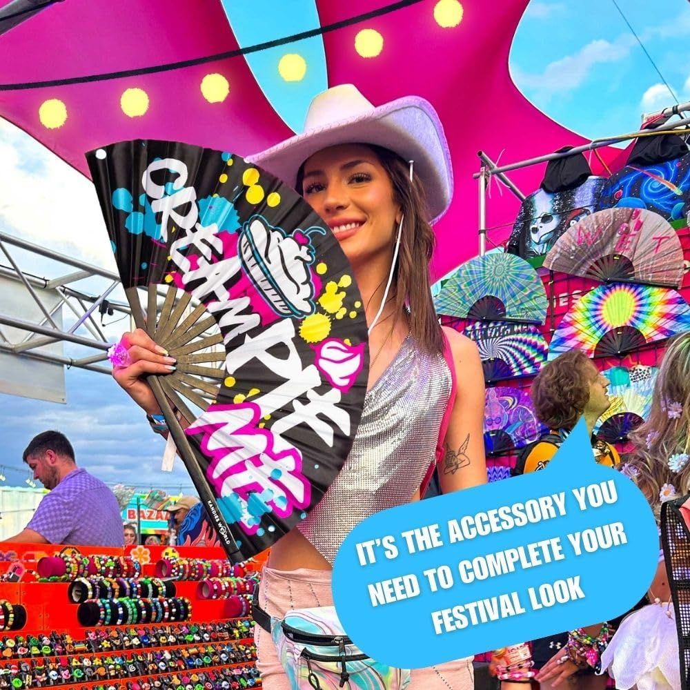 Kandies World Custom Festival Folding Hand Fan - Unique Designs, Made of Bamboo, Clacking Sound, Lightweight - Perfect Rave and Festival Accessory! (Cream Pie)