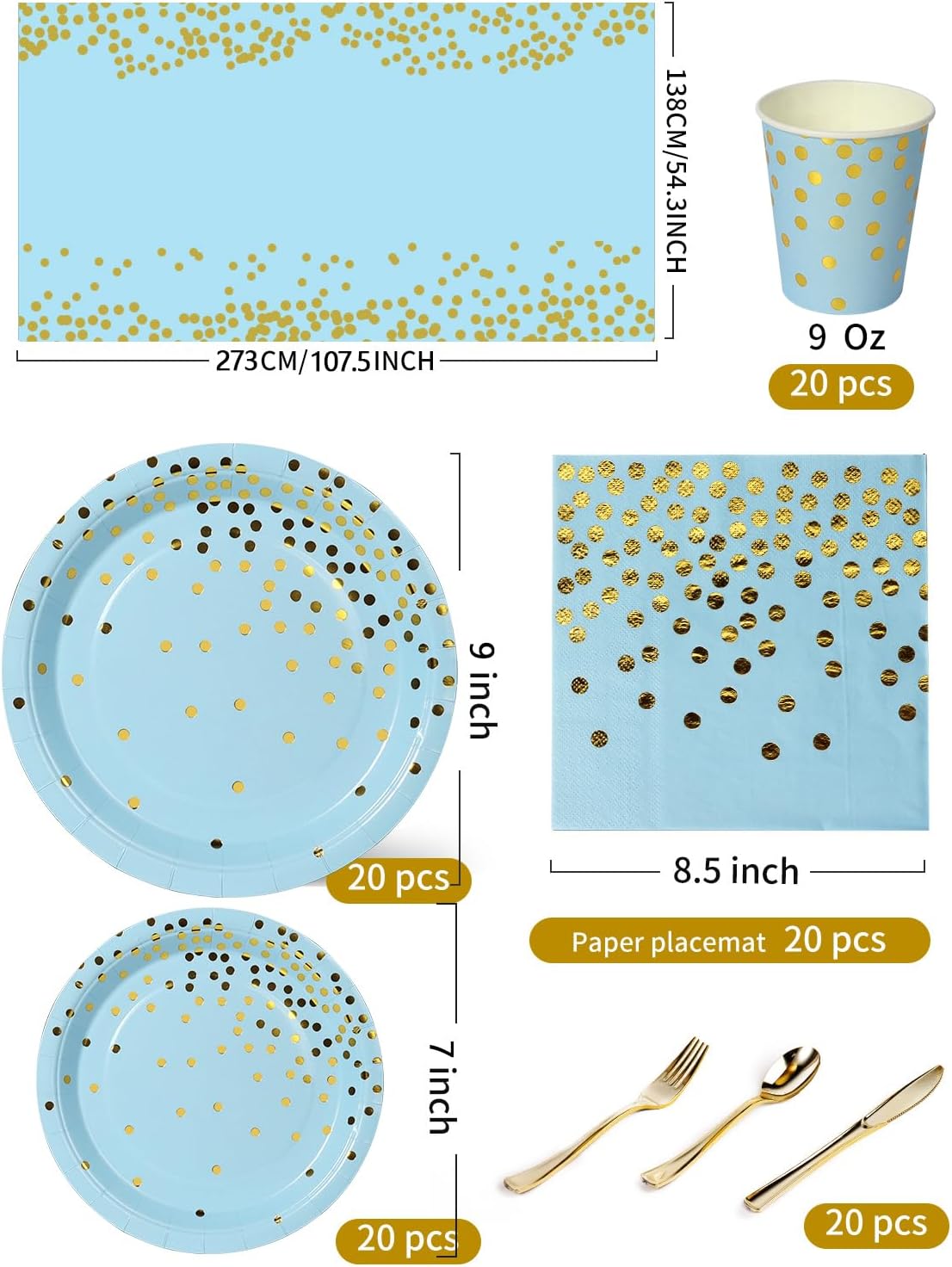 141 Pieces Light Blue and Gold Party Supplies, Party Dinnerware Sets Include Paper Plates Napkins Cups Silverware, for Wedding Bridal Shower Engagement Birthday Parties Decoration -20 Serves