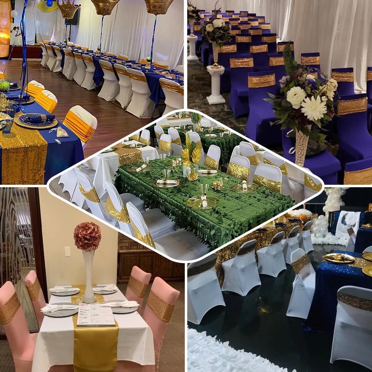 100 Pcs Chair Sashes Sequin Stretch Chair Bands Spandex Polyester Bows for Party Hotel Wedding Banquets Decoration - Aqua