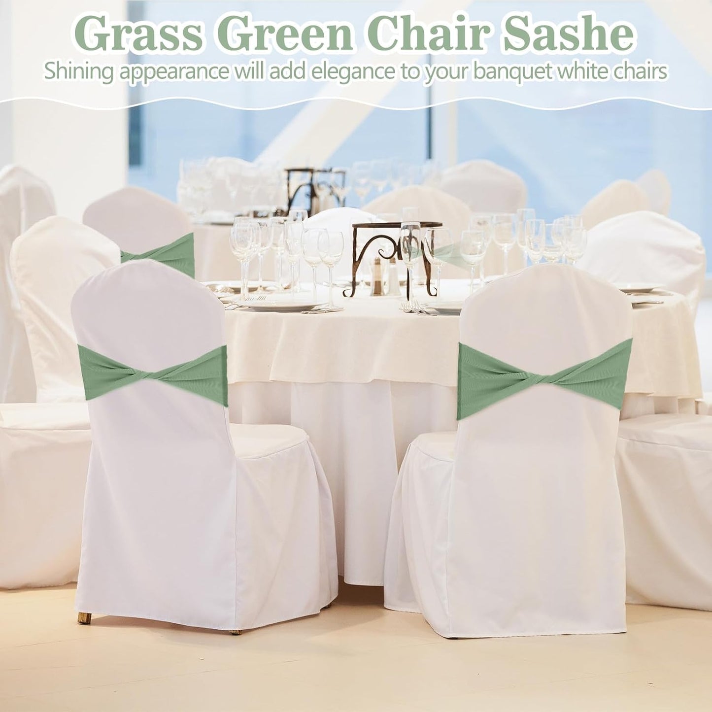 Kinlop 50 Pcs Spandex Chair Sashes Bows Chair Bands Slider Sashes for Covers Elastic Bands Ties Without Buckle Decorations for Wedding Party Events Ceremony Birthday(Sage Green)