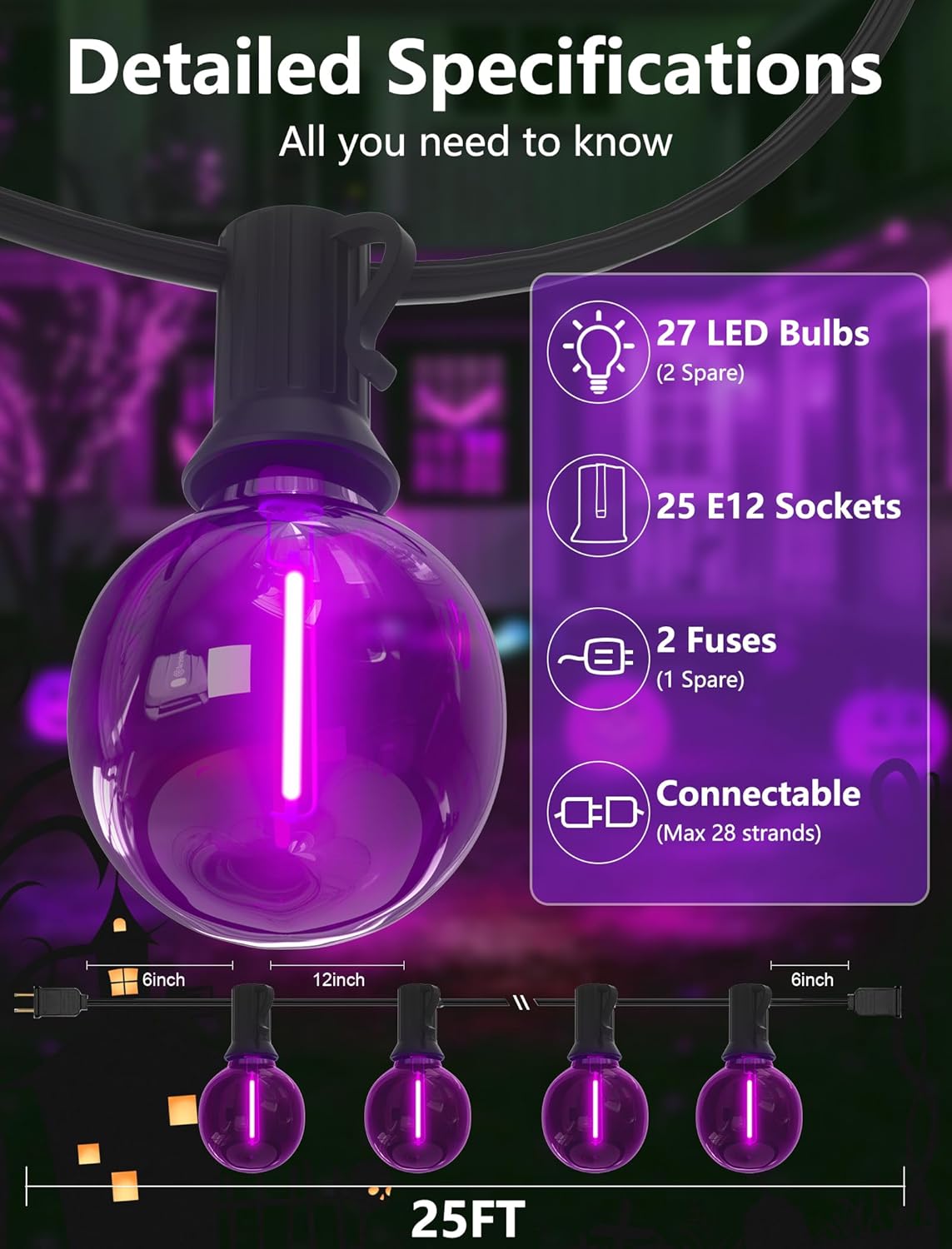 SUNSGNE G40 LED Purple Lights Outdoor, 25 Feet Halloween Purple String Lights with 25 Count Bulbs for Halloween Thanksgiving Indoor Outdoor Party Festival Haunted House Decor