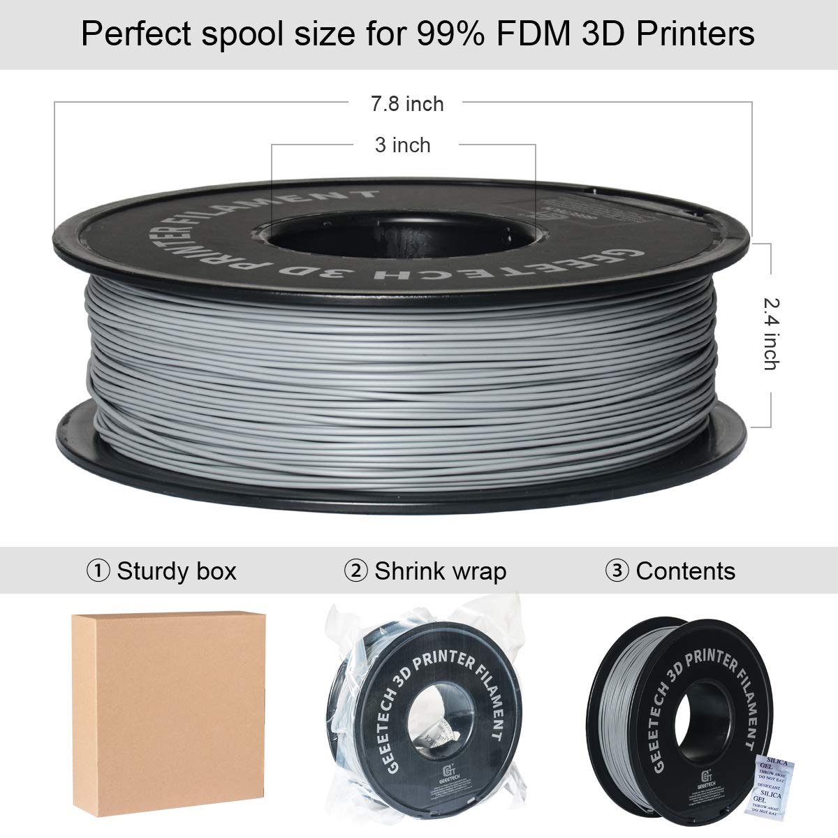 Geeetech PLA 3D Printer Filament, PLA 3D Printer Filament 1kg Spool(2.2lbs) Dimensional Accuracy +/- 0.02 mm, 3D Printing Filament Fits for Most FDM 3D Printers, Grey