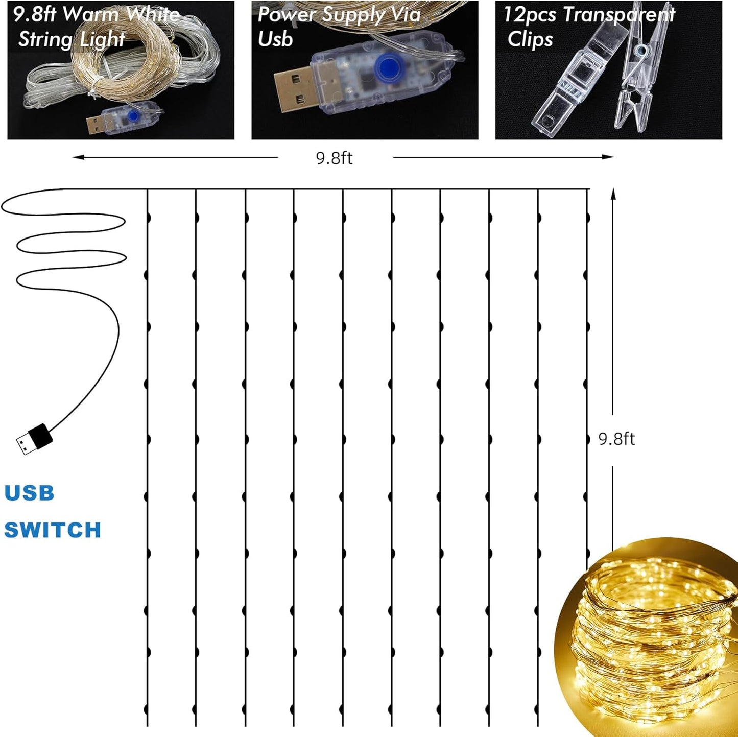 10×10ft Cream White Tulle Backdrop Curtain with Lights String for Parites, Sheer Photo Curtain Backdrop Drapes for Wedding Party Photography Backgrounds