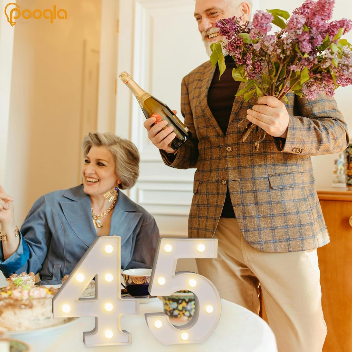 Pooqla Decorative LED Light Up Number Letters, White Plastic Marquee Number Lights Sign for 45th Birthday Party Wedding Decor, Battery Operated (45)