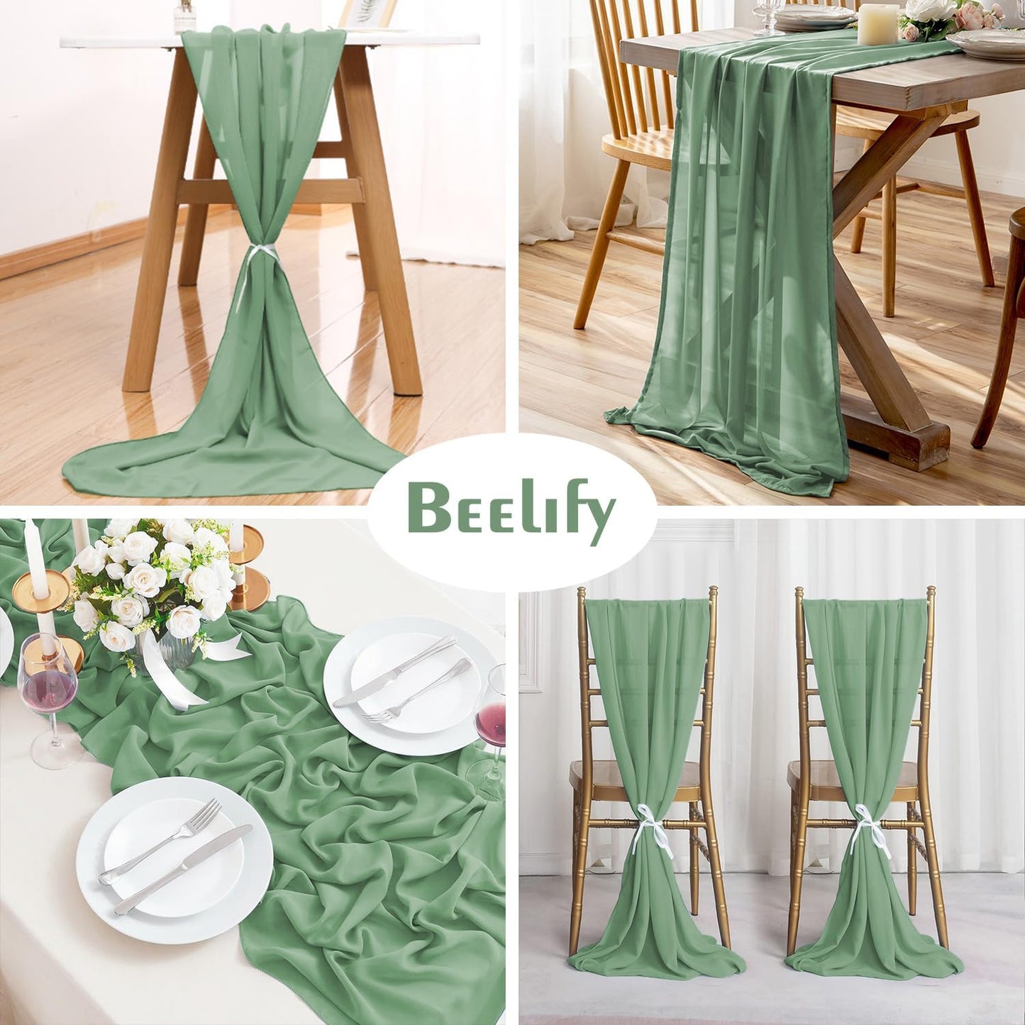 2 Pack 10 Ft Chiffon Table Runner Sage Green Gauze Long Table Runners 27x120 Inches Sheer Tulle Table Runner for Rustic Wedding Reception Bridal Shower Decorations Birthday Party