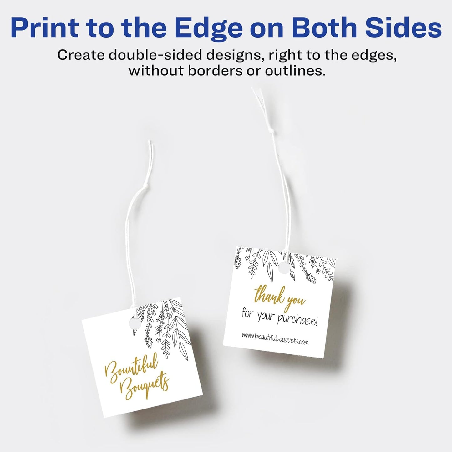 Avery Square Tags, Sure Feed Technology, 2" x 2", Matte White, Strings Included, 120 Total, Print-to-The-Edge, Laser/Inkjet Printable (80513)