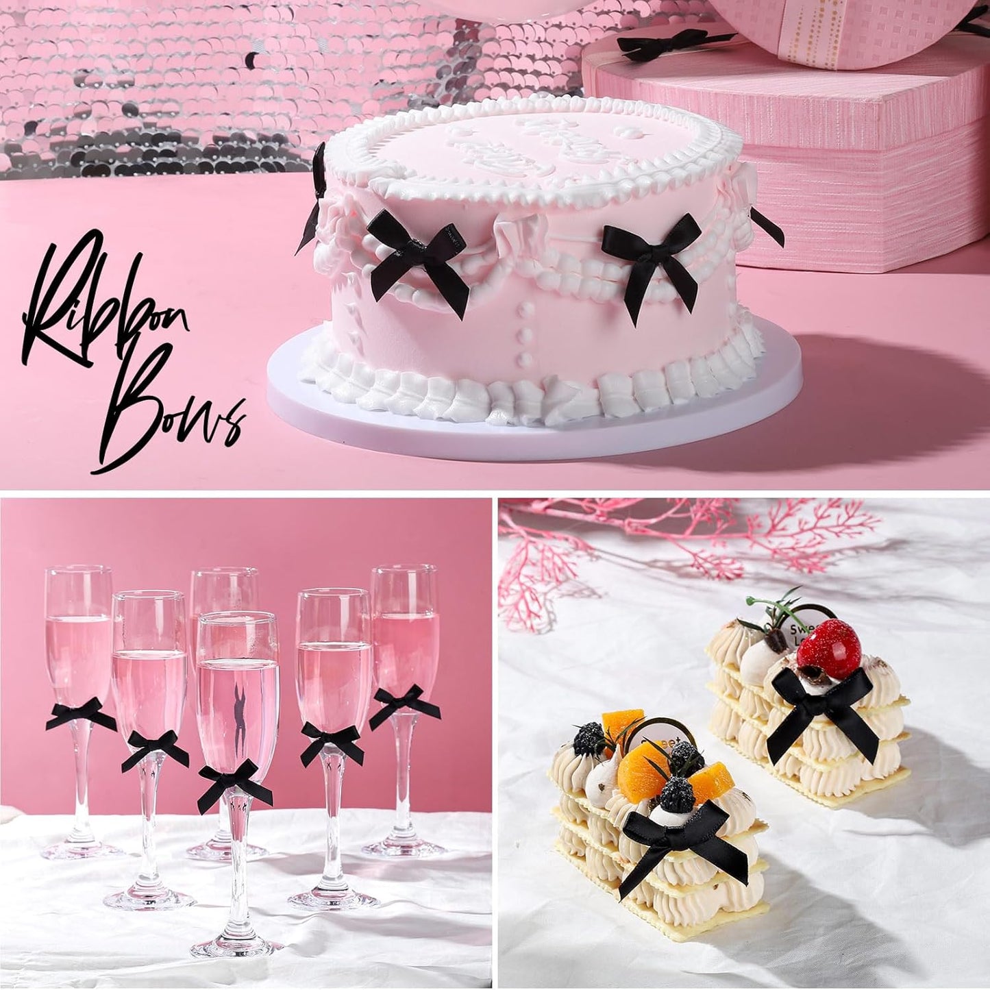 YGDZ 50 PCS Mini Black Bows, Small Stain Ribbon Black Bow for Cake, Tiny Bows for Crafts, Bow Decorations for Party Favors, Balloons