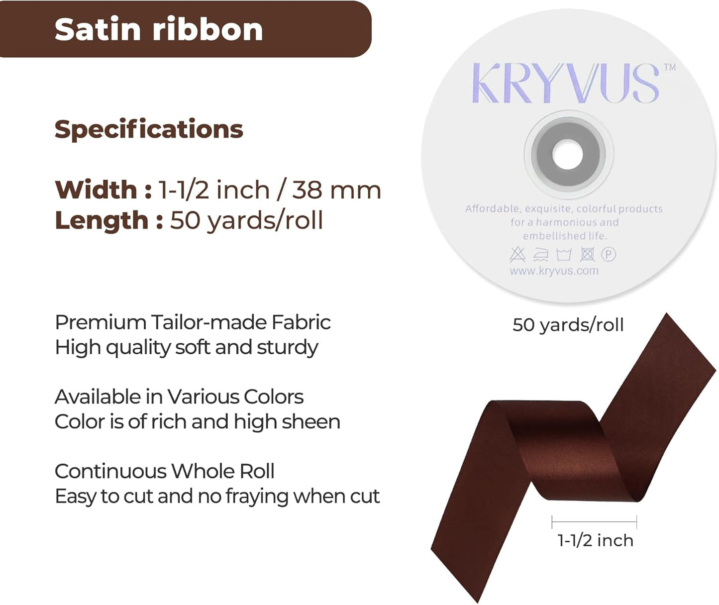 Dark Brown Satin Ribbon 1-1/2 inch X Continuous 50 Yards, Single Face Polyester Ribbon Perfect for Gift Wrapping, Flower Bouquet, Wedding Decor, Crafts, Bow Making, Sewing and More