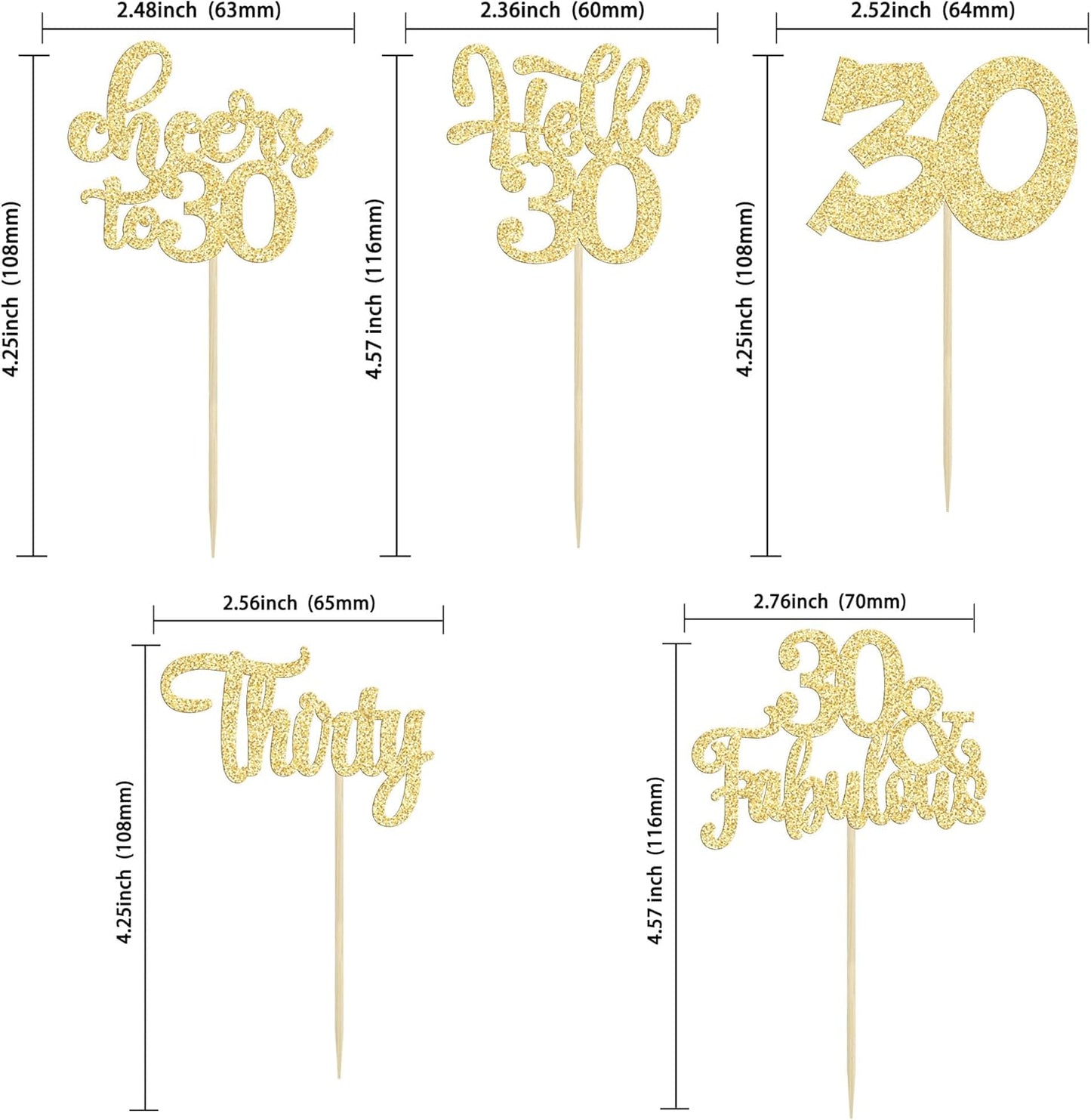 30Pcs Happy 30th Birthday Cupcake Toppers Gold Glitter Thirty Cheers to 30 Birthday Cupcake Picks for Happy 30th Birthday Anniversary Party Cake Decorations Supplies