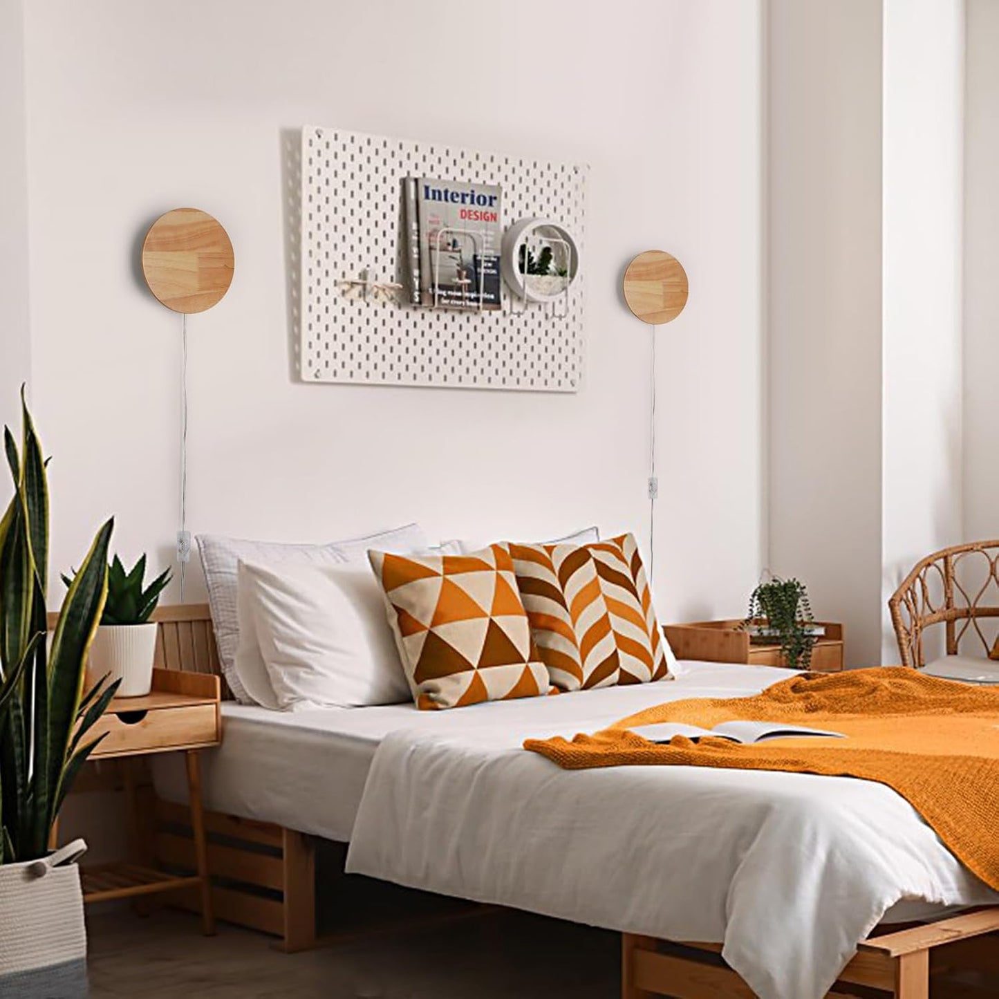 Modern Minimalist Plug in Wall Sconces, Plug-in Or Cordless 7.9'' Round Wood Backlight LED Wall Lamp, 12W, 1300LM Warm White Brightness Wall Light Fixtures for Bedroom, Living Room Wall Décor