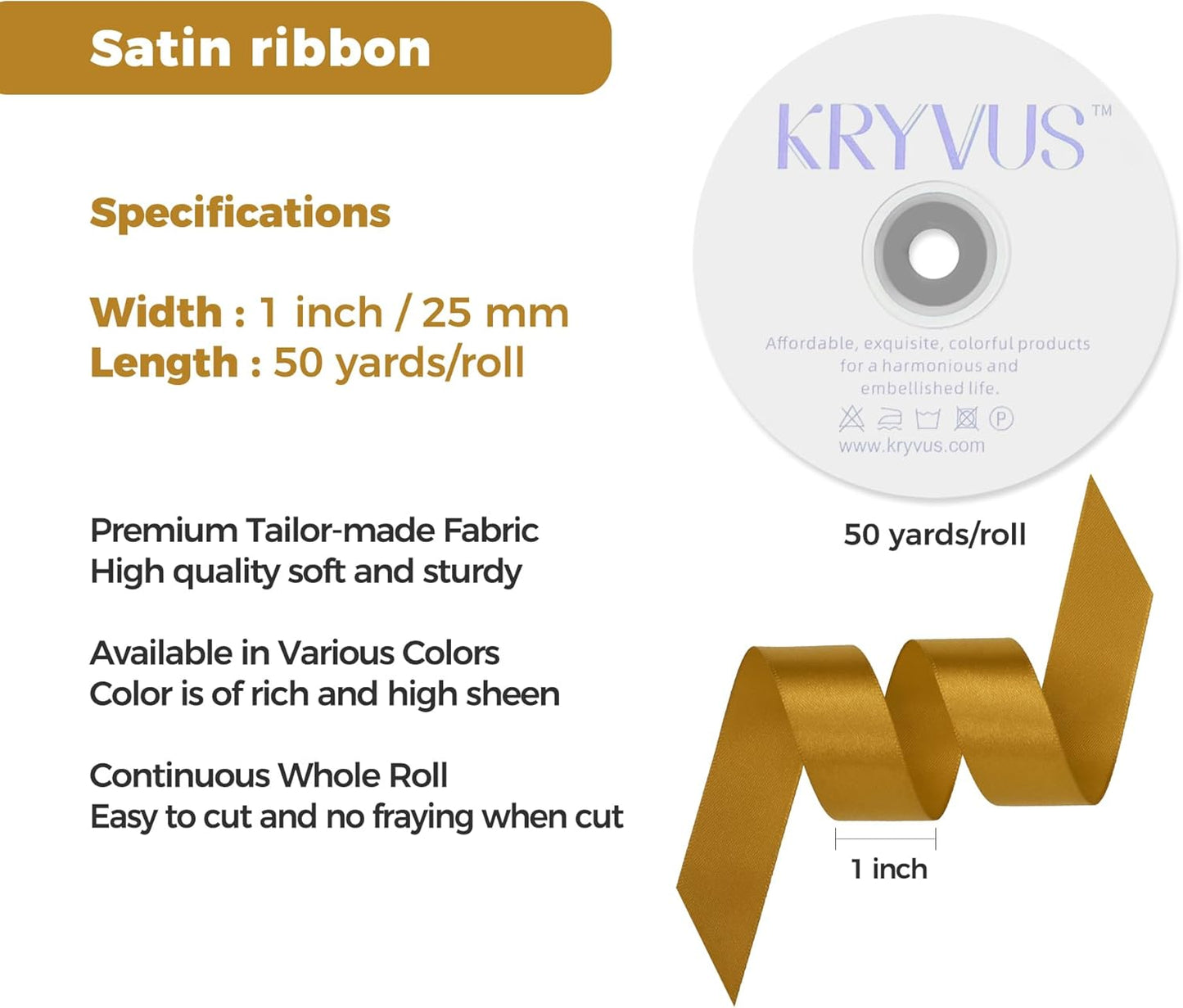 Gold Satin Ribbon 1 inch X Continuous 50 Yards, Single Face Polyester Ribbon Perfect for Gift Wrapping, Flower Bouquet, Wedding Decor, Crafts, Bow Making, Sewing and More