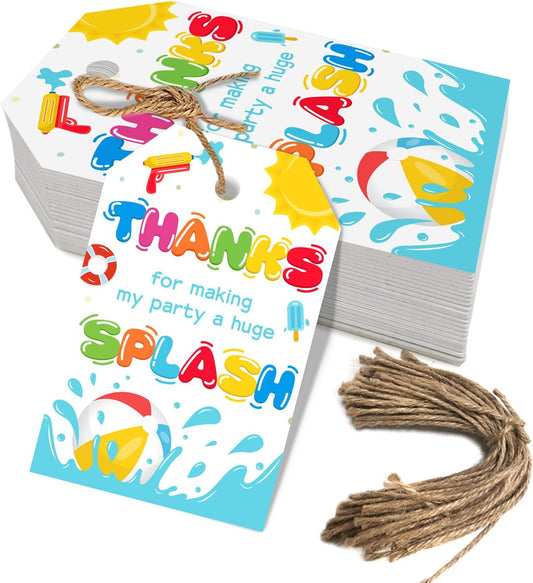 50pcs Pool Party Thank You Tags, Splish Splash Favor Tags for Summer Beach Ball Themed Birthday and Baby Shower Party Gift Wrapping Decoration (Splash)