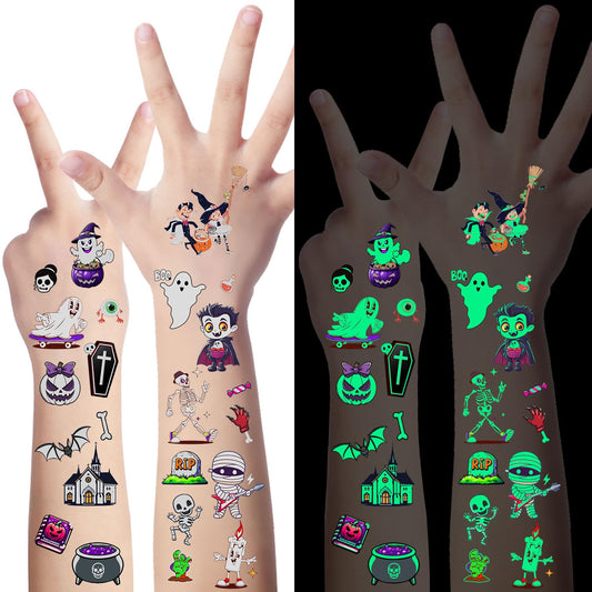 LOMIMOS 320PCS Glow in The Dark Halloween Temporary Tattoos for Kids, Waterproof Scary Removable Face & Body Stickers for Treat or Trick Bag Stuffers Party Favors Carnival Prizes Bulk (16 Sheets)