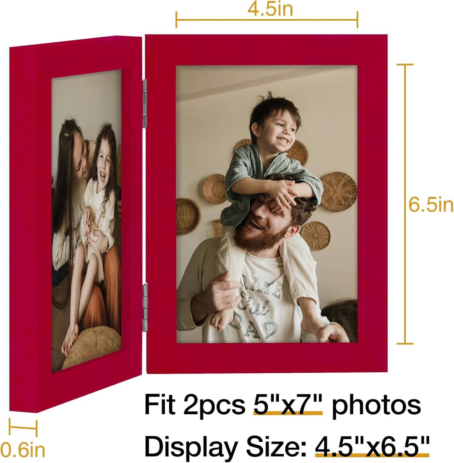decorUhome Double 5x7 Picture Frame Vertical, Engineered Wood Bifold Photo Frame with Plexiglass for Tabletop Display, 5x7, Red