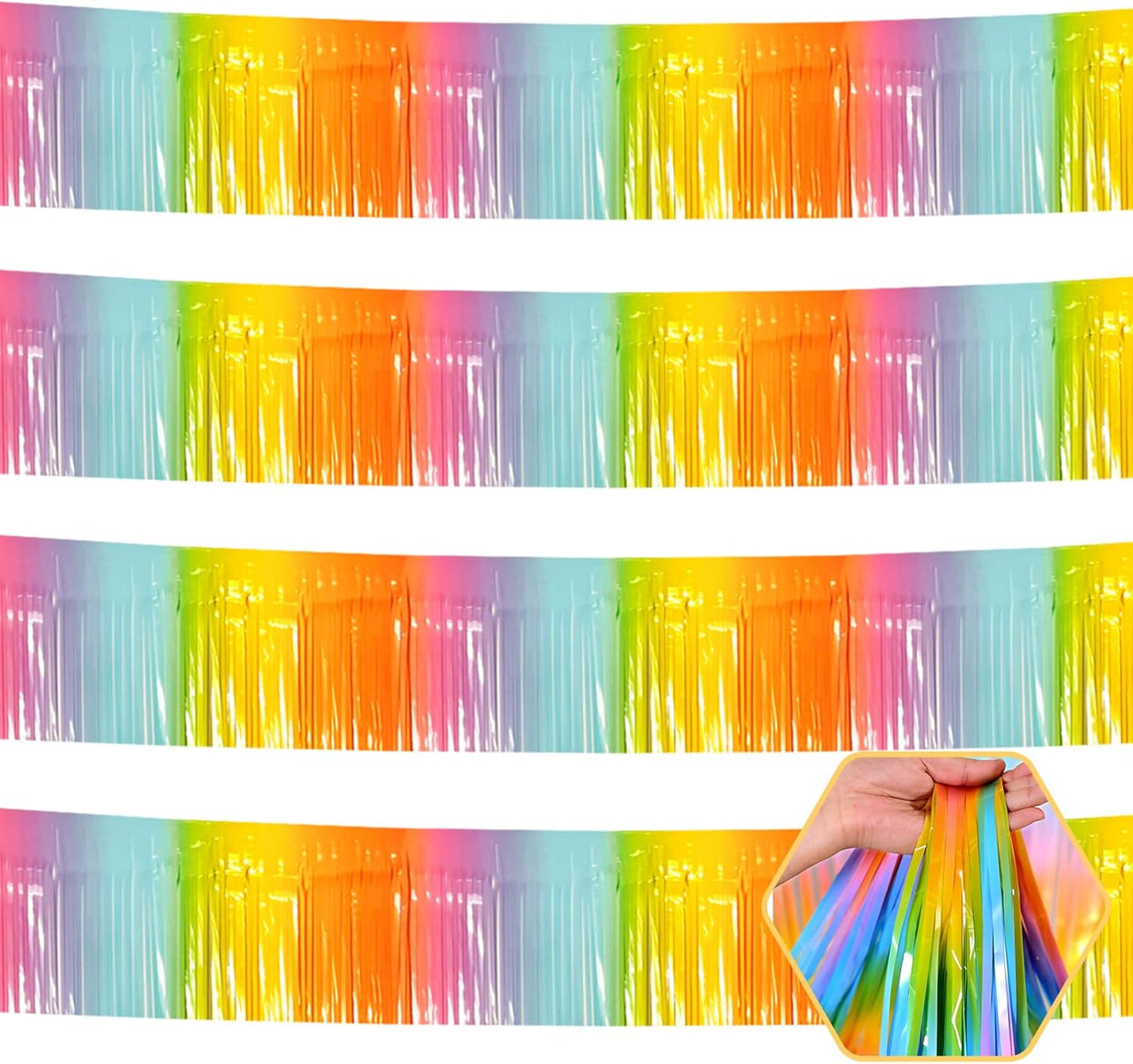4 Pack 10 Feet Rainbow Foil Fringe Garland Metallic Tinsel Streamers Banner Wall Hanging Curtain Backdrop for Parade Floats, Wedding, Graduate, Mother's Day, Birthday Party Decoration