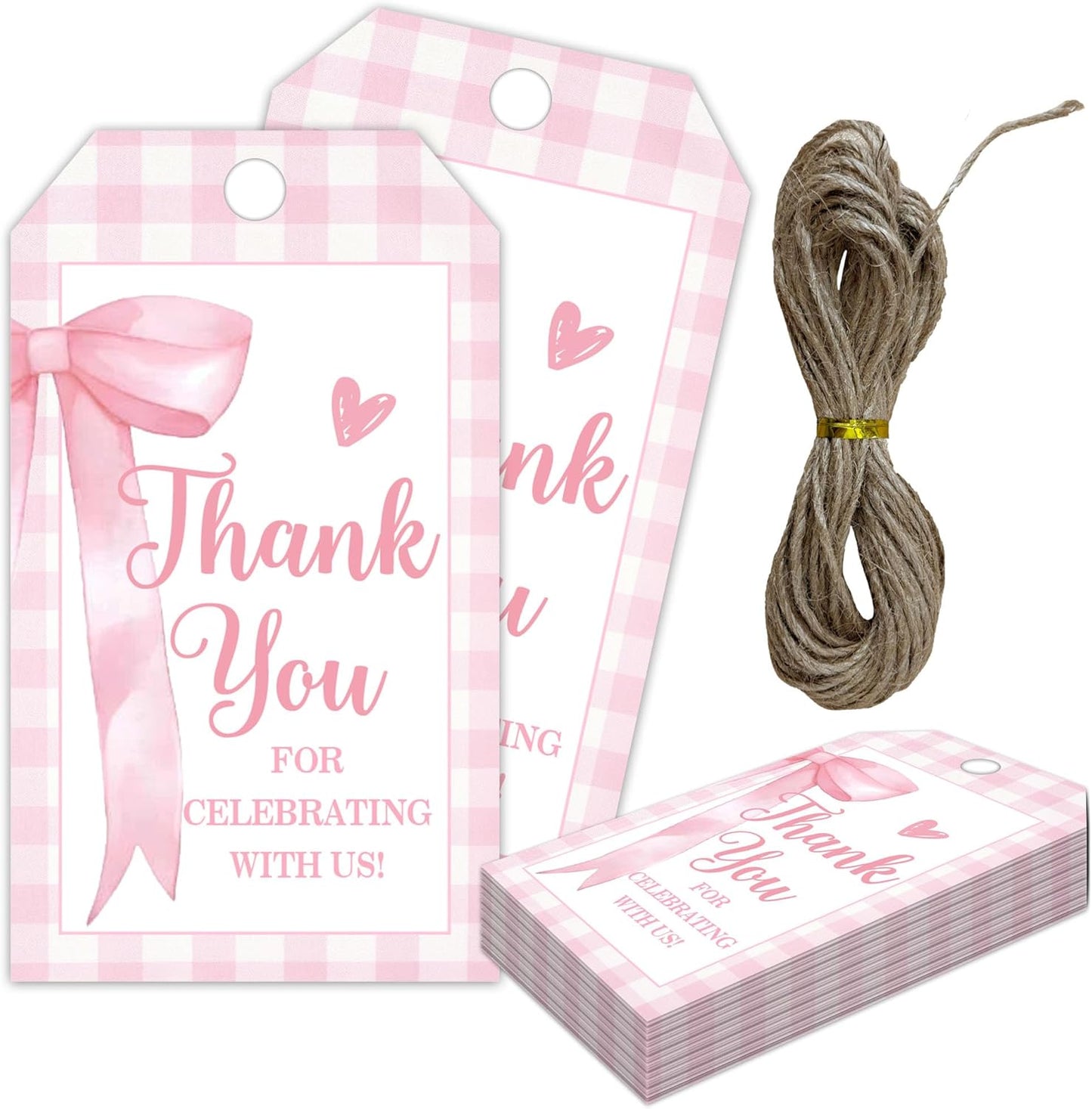 Pink Bow Gift Tags, 50Pcs Thank You Label with String, Thank You for Celebrating with Us Tag, Paper Personalized Design Gift Labels for Wrapping Party Favor-A13