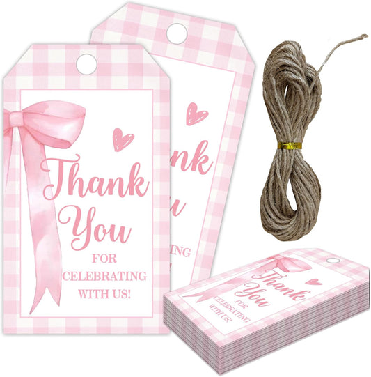 Pink Bow Gift Tags, 50Pcs Thank You Label with String, Thank You for Celebrating with Us Tag, Paper Personalized Design Gift Labels for Wrapping Party Favor-A13