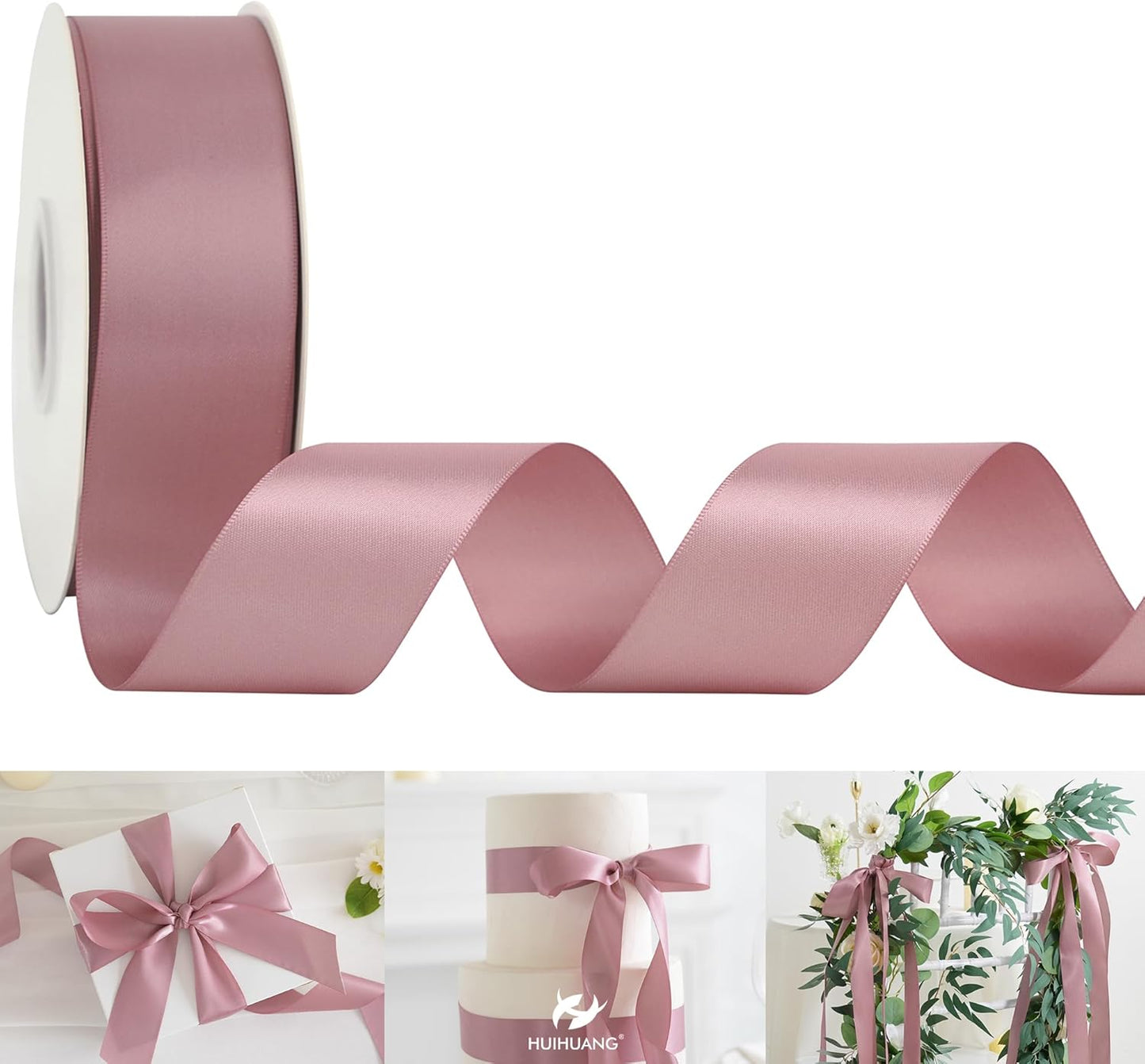 HUIHUANG Mauve Satin Ribbon 1-1/2 inch x 50 Yards Dark Rose Ribbon for Flower Bouquet, Eternal Flowers, DIY Crafts, Party Favors, Bridal Shower Wedding Decor, Gift Wrapping, Bows