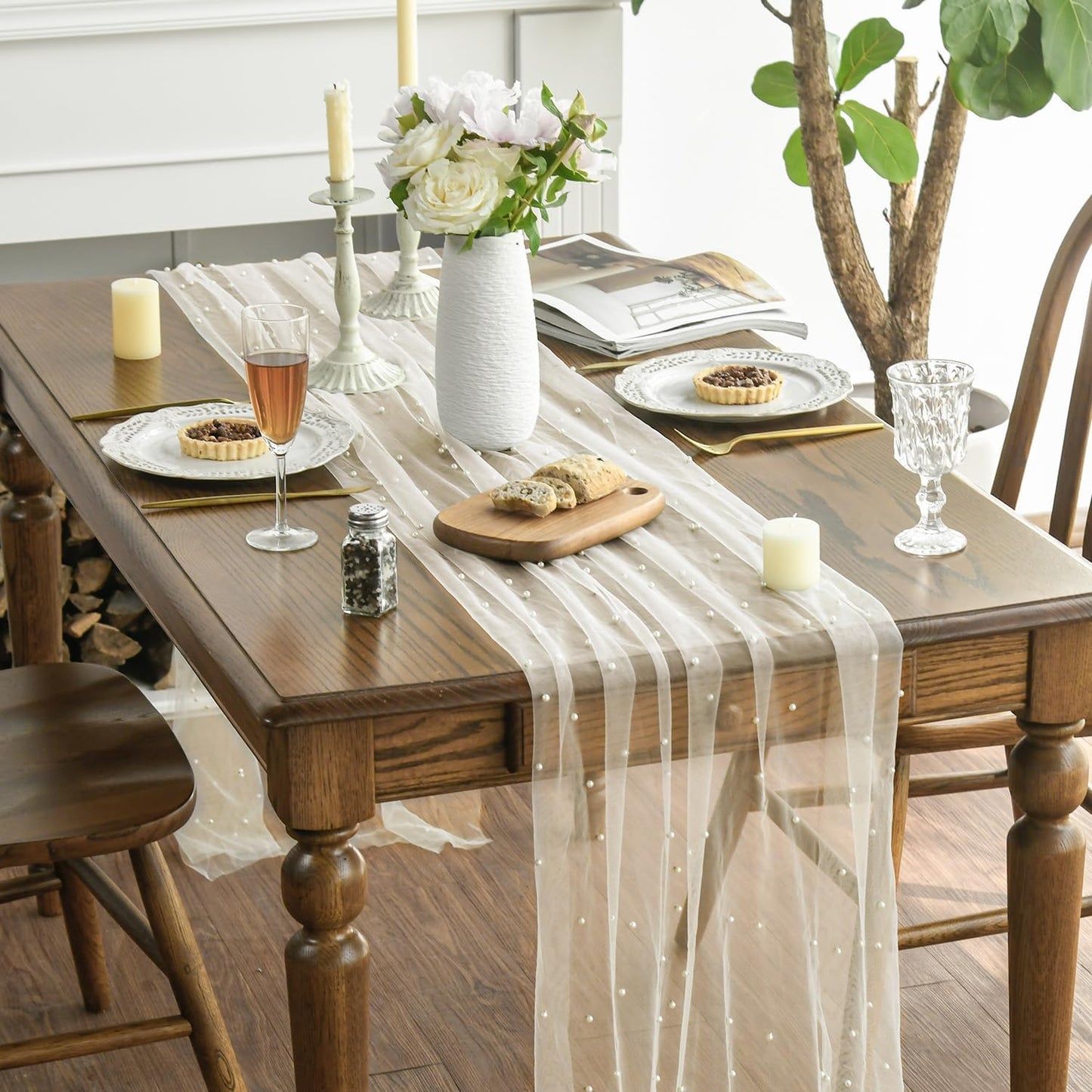 Artoid Mode Pearl Beige Gauze Table Runner 120 Inch 10FT, Seasonal Sheer Dining Holiday Wedding Birthday Baby Shower Table Decor for Home Party