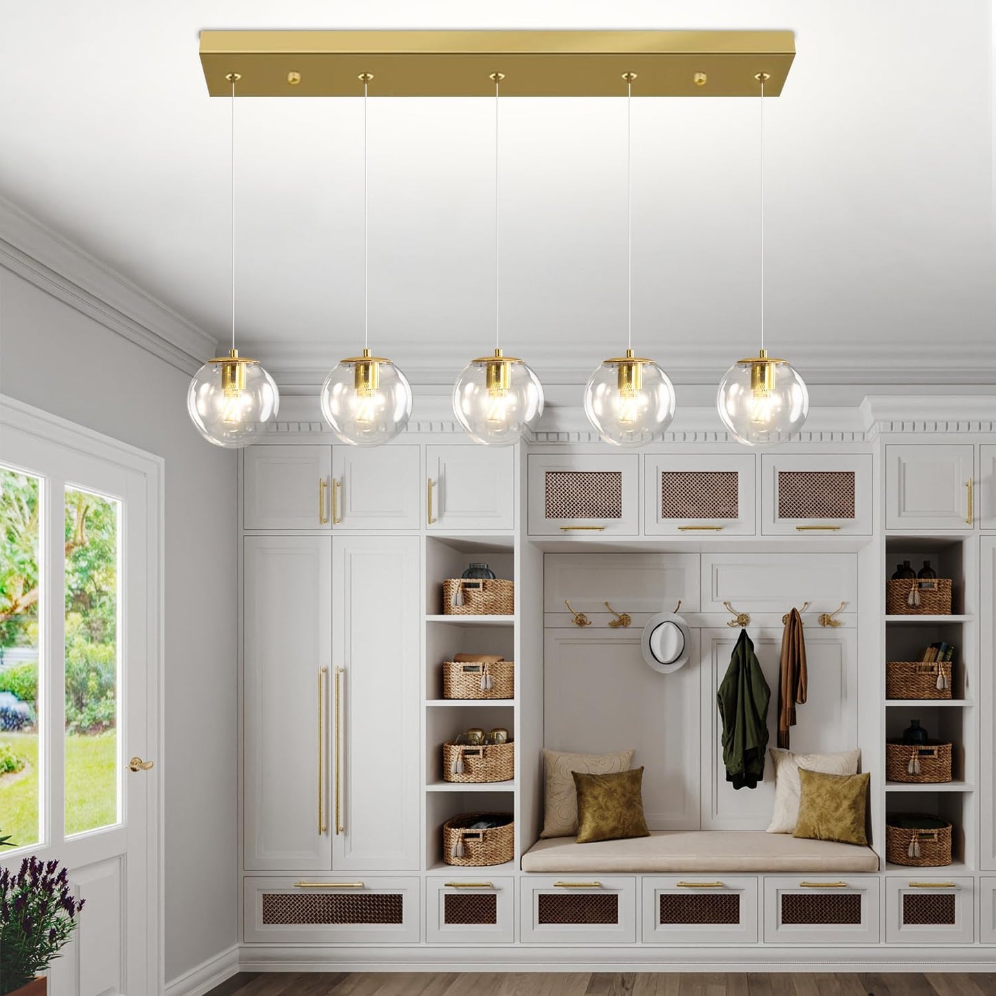 5-Lights Modern Rectangle Chandelier Globe Pendant Light,Gold Linear Globe Chandeliers for Dining Room and Kitchen Island