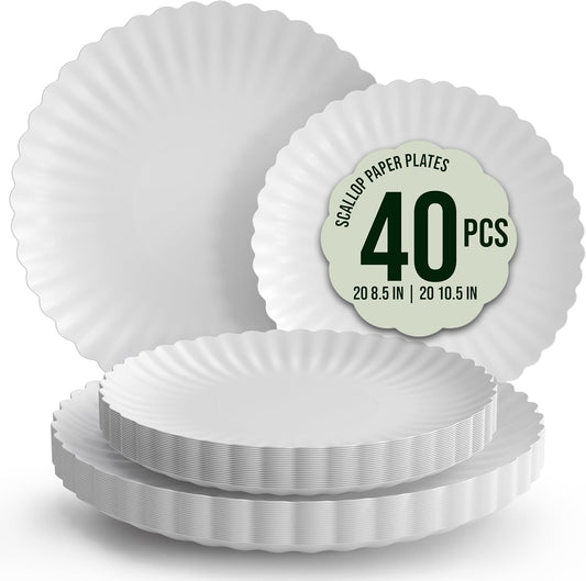 Trendables Scalloped Paper Plates 8.5 Inch & 10.5 Inch 40 Pcs Dinner Plate Set Fancy Disposable Plates for Party for 20 Guests 20 X 8 & 20 X 10 Large & Small Paper Plate Set for Parties Snow