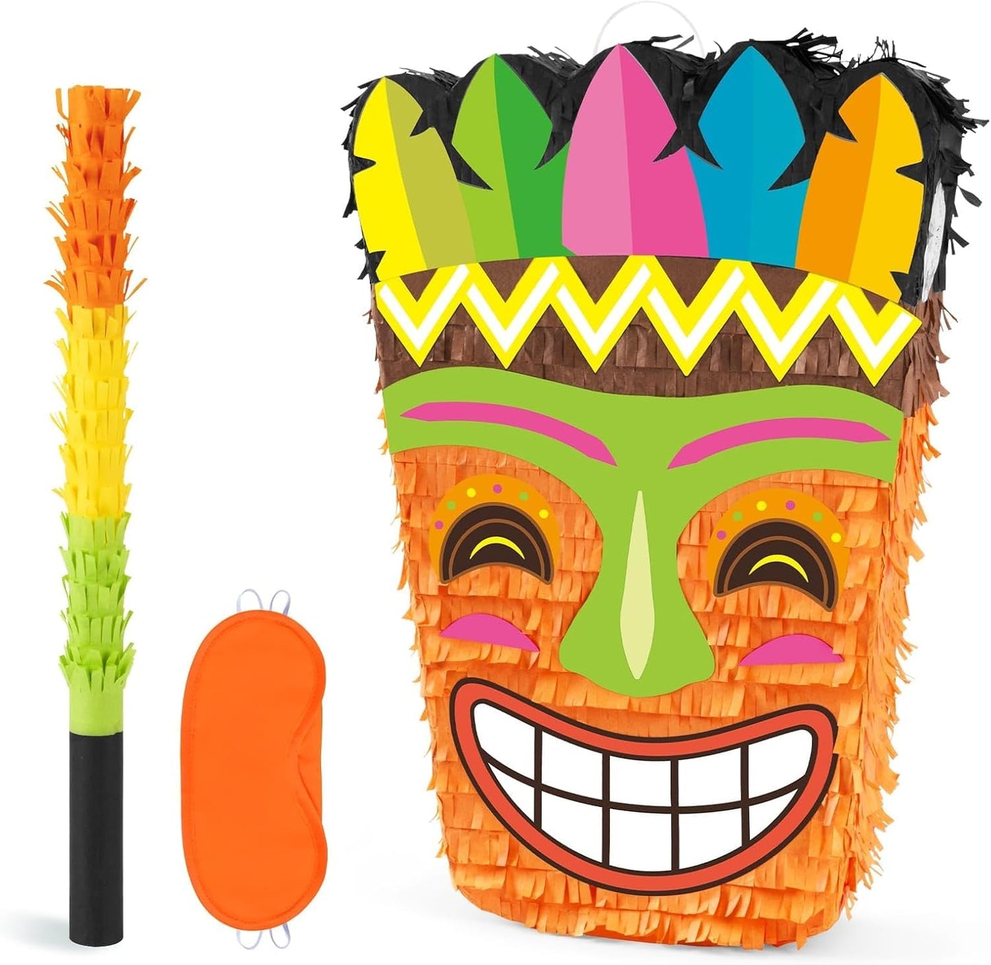 WERNNSAI Tiki Piñata -Tropical Hawaii Piñata with Blindfold and Bat for Girls Boys Kids Piñata Hawaiian Luau Themed Party Decorations for Summer Birthday Party Supplies Carnivals Festivals Celebration