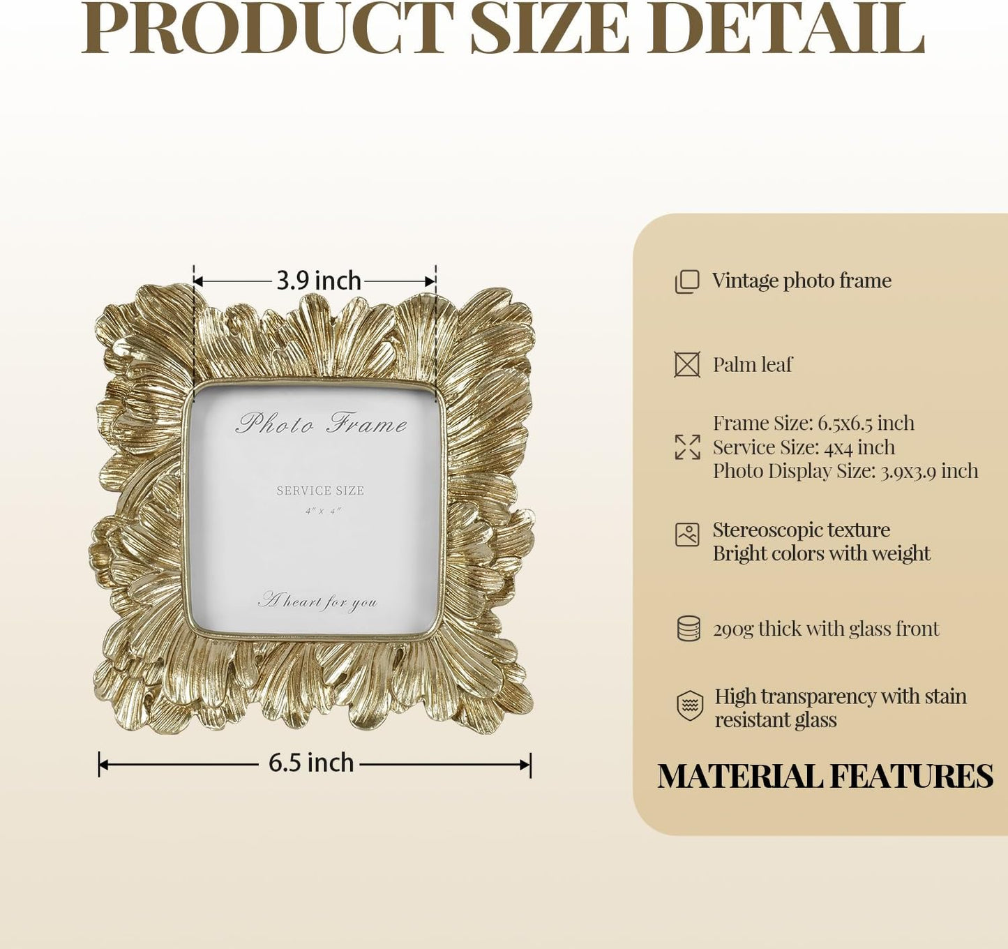 Cuspin Gold Picture Frames 4x4, Vintage Gold Resin Photo Frame Palm Leaves Textured with Glass Front, Elegant Retro Square Frame for Wall and Tabletop Display Home Decor