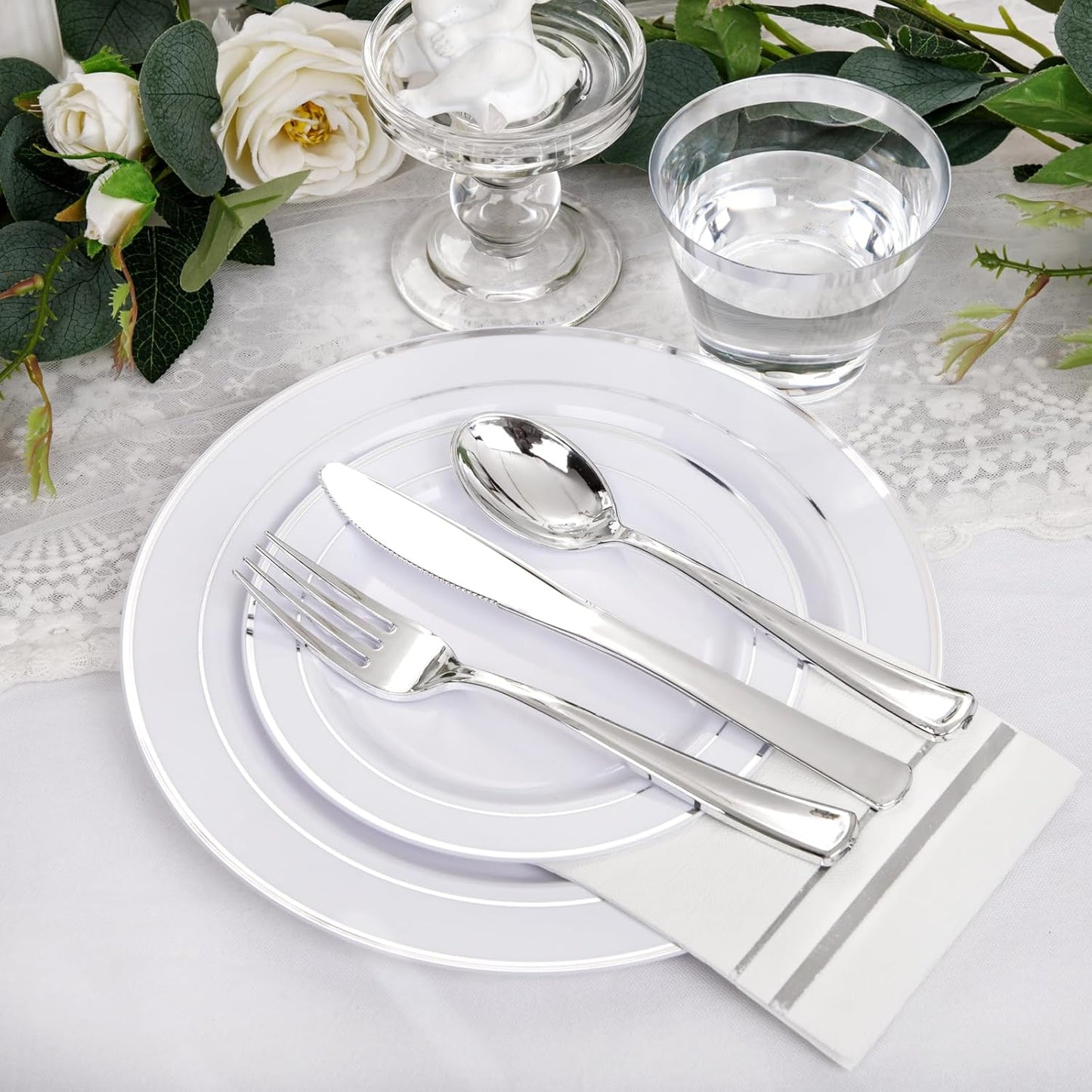 NOCCUR 700PCS Silver Plastic Plates Disposable for 100 Guests - Include 100 Dinner/Dessert White Plastic Plates with Silver Trim,300 Cutlery,100 Cups,100 Napkins for Party&Christmas