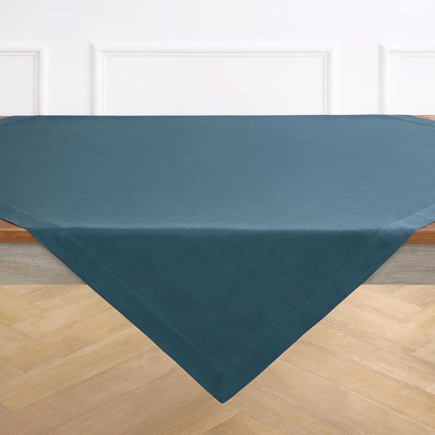 Solino Home Linen Square Tablecloth 52 x 52 Inch - 100% Pure Linen Peacock Blue Table Throw - Fete, Machine Washable Table Cloth