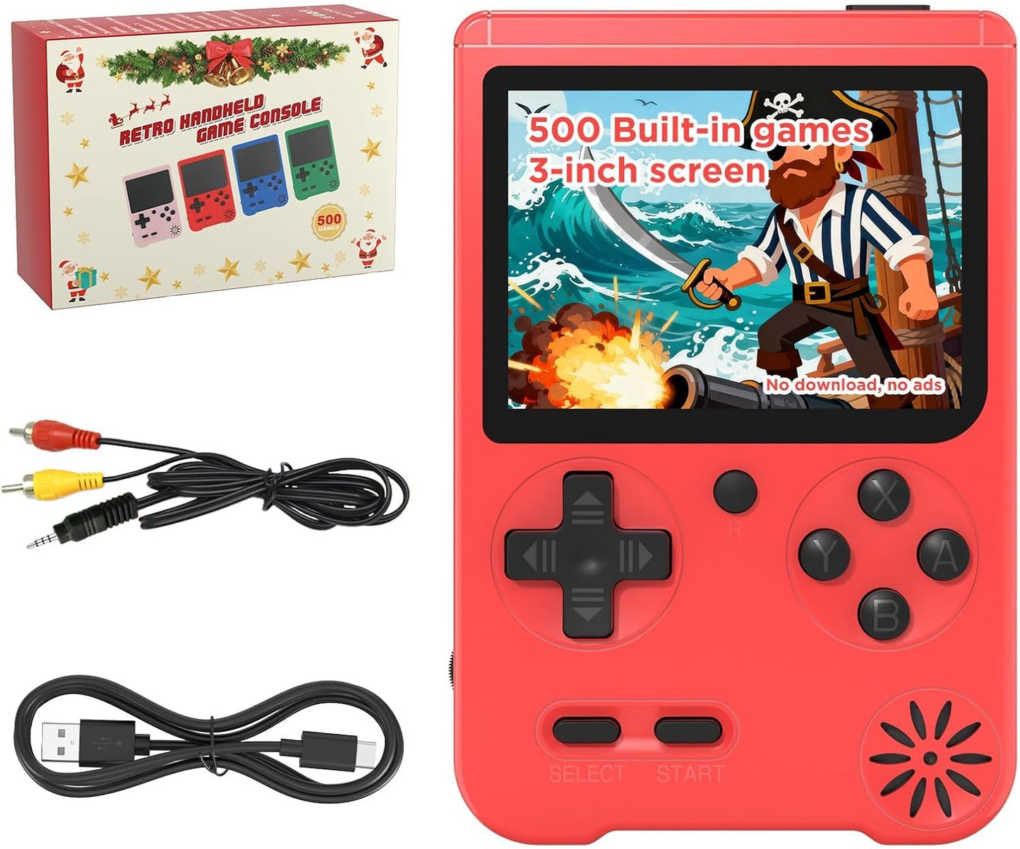 Retro Handheld Game Console, 3-inch Portable Game Console with 500 Built-in Classic Games, 1200mAh Rechargeable Battery,Plug & Play Video Games, Suitable for Adults - Red