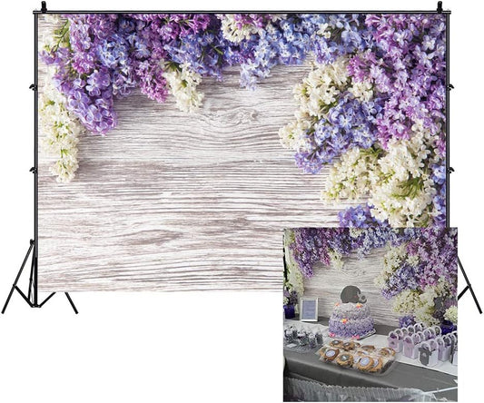 10x7ft Newborn Baby Wooden Plank Photography Backdrops Purple Lilac Flowers Bloom Bouquet Wooden Wall Girls Adults Portrait Photo Background Parties Events Decor Wallpaper Photo Studio Props