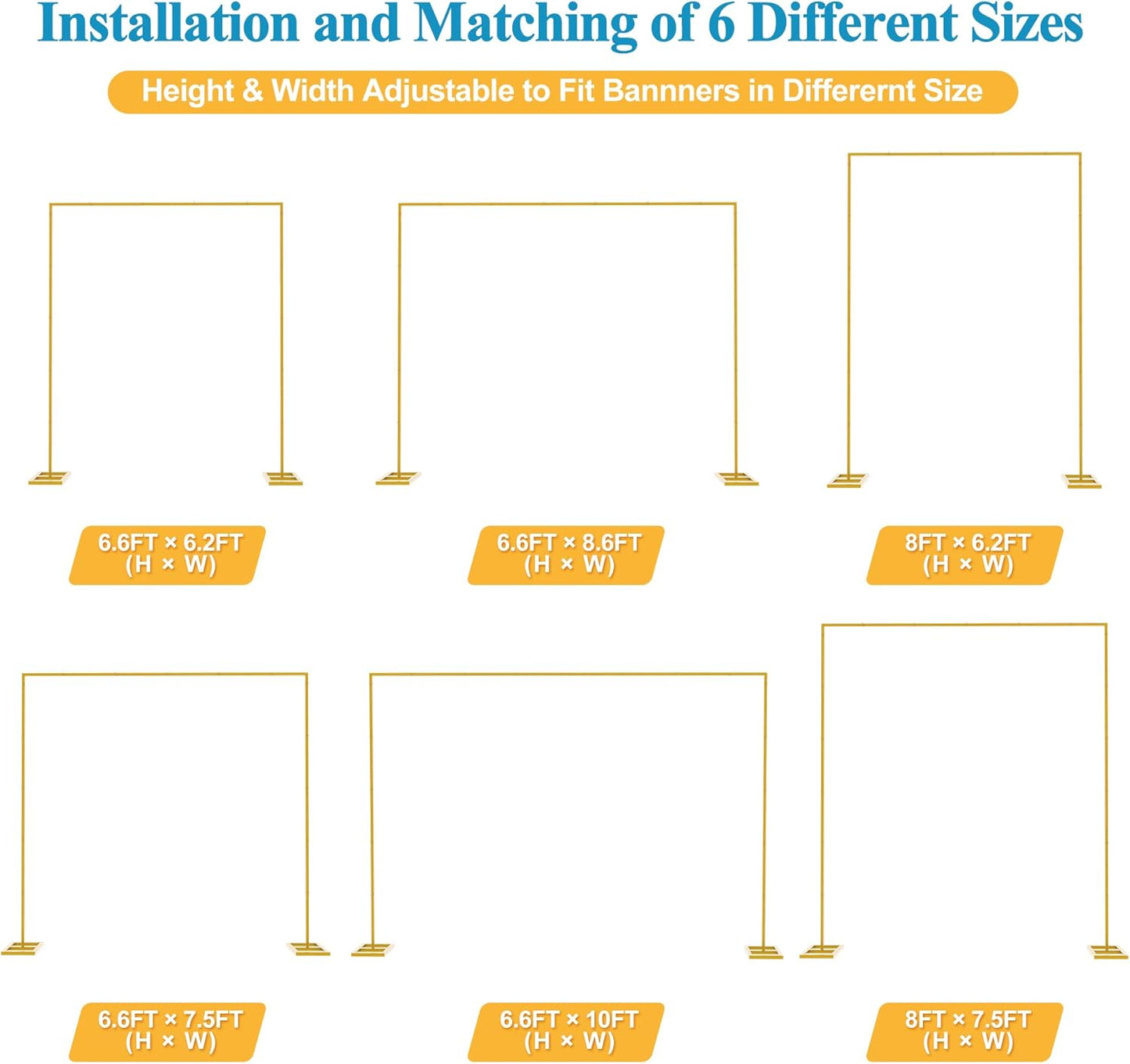 Fomcet 6.6FT x 10FT Backdrop Stand Heavy Duty with Base Gold Pipe and Drape Square Backdrop Stand Adjustable Portable Metal Arch Frame for Wedding Baby Shower Birthday Parties Banquet Decorations