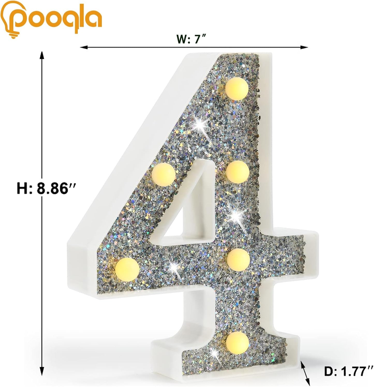 Pooqla Marquee Light up Numbers, Lighted Numbers for 4th Birthday Decorations, Night Light Battery Powered for Silver Party Decorations, Gift for Boys Girls Christmas Wedding Home Room Decoration