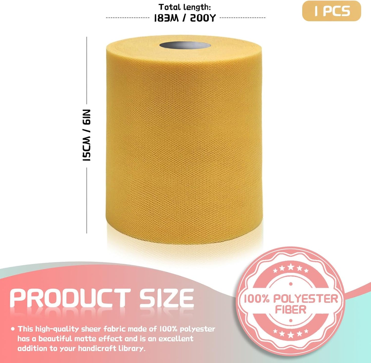 6" x 200 Yards Aztec Gold Tulle Fabric Rolls, Yellow Ochre Spool Tulle Ribbon for DIY Tutu Skirt Wedding Decoration Baby Shower Birthday Party Backdrop Christmas Gift Wrapping Bow Craft Supplies