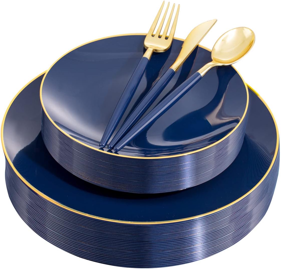 Liacere 150PCS Blue Plastic Plates - Gold Plastic Silverware with Blue Handle - Navy Disposable Plates Include 30 Guests Plates,Forks,Spoons,Knives for Wedding & Party & Halloween