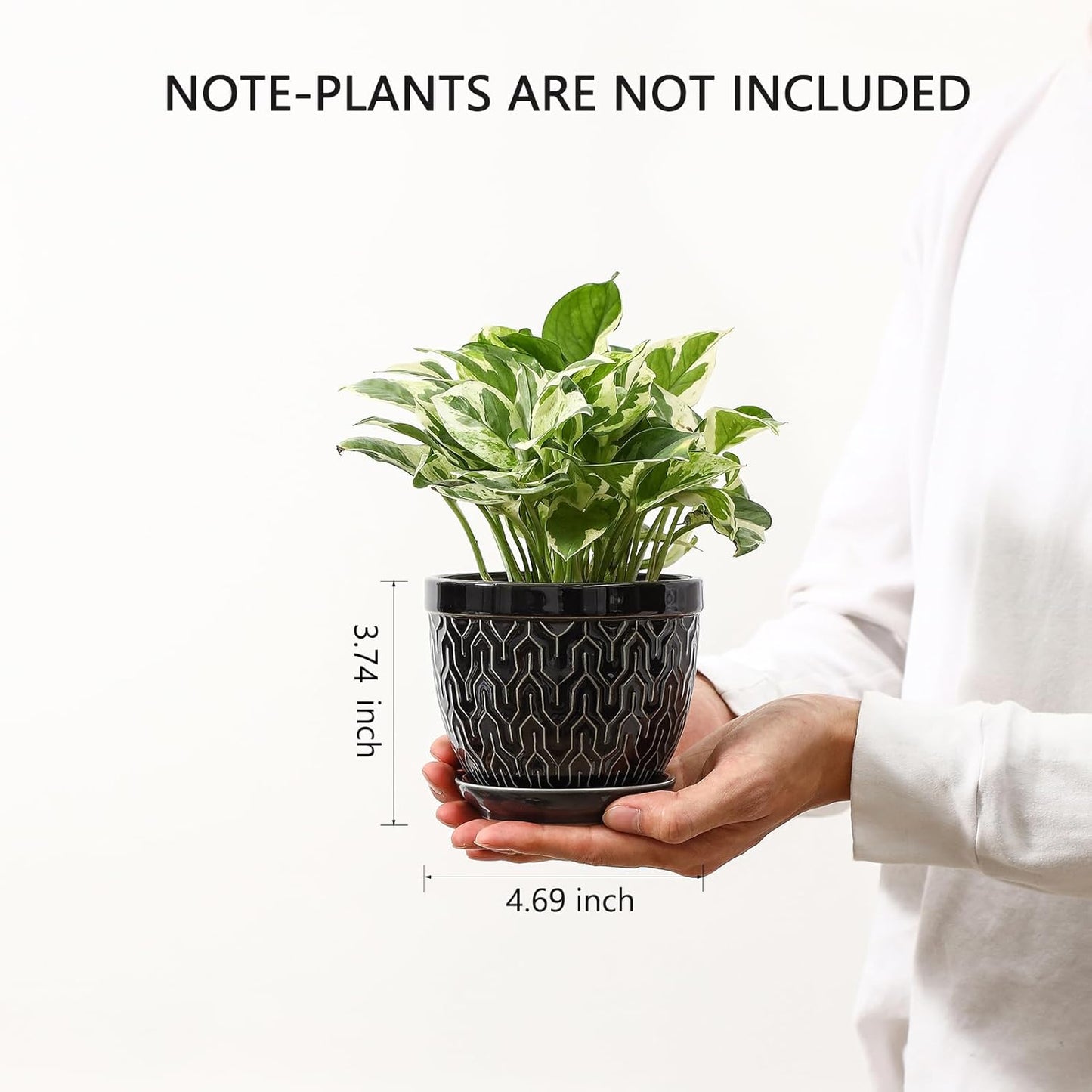 Sureasy Ceramic Plant Pots, 4.7 Inch Flower Pots for Indoor Plants, Succulent Pots with Saucer and Drainage Hole, Decorative Planter for Succulent, Cactus, Set of 4, Black