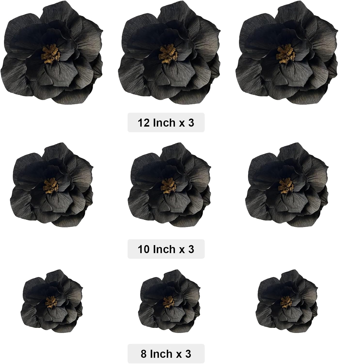 BRT Bearingshui Black Paper Flowers Decoration for Wall Total 9 Pcs, Artificial Flowers for Wedding Decor,Flower Backdrop Decor, Baby Bridal Shower Birthday Party, Black 3D Wall Flowers Decor