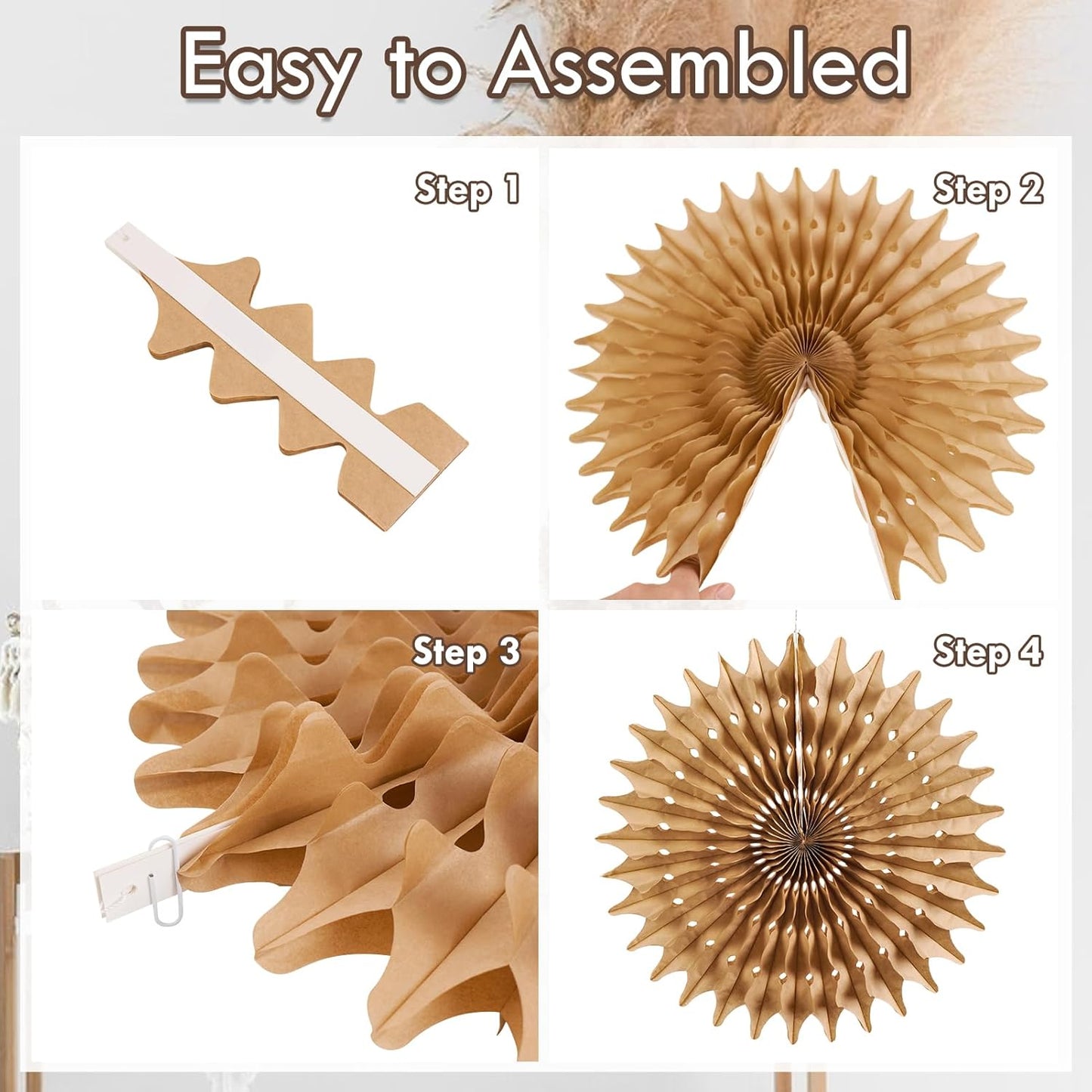 Boho Hanging Paper Fans White Brown Champagne Party Decorations Neutral Rustic Paper Fans Classroom Decoration for Baby Shower Birthday Wedding Bridal Party