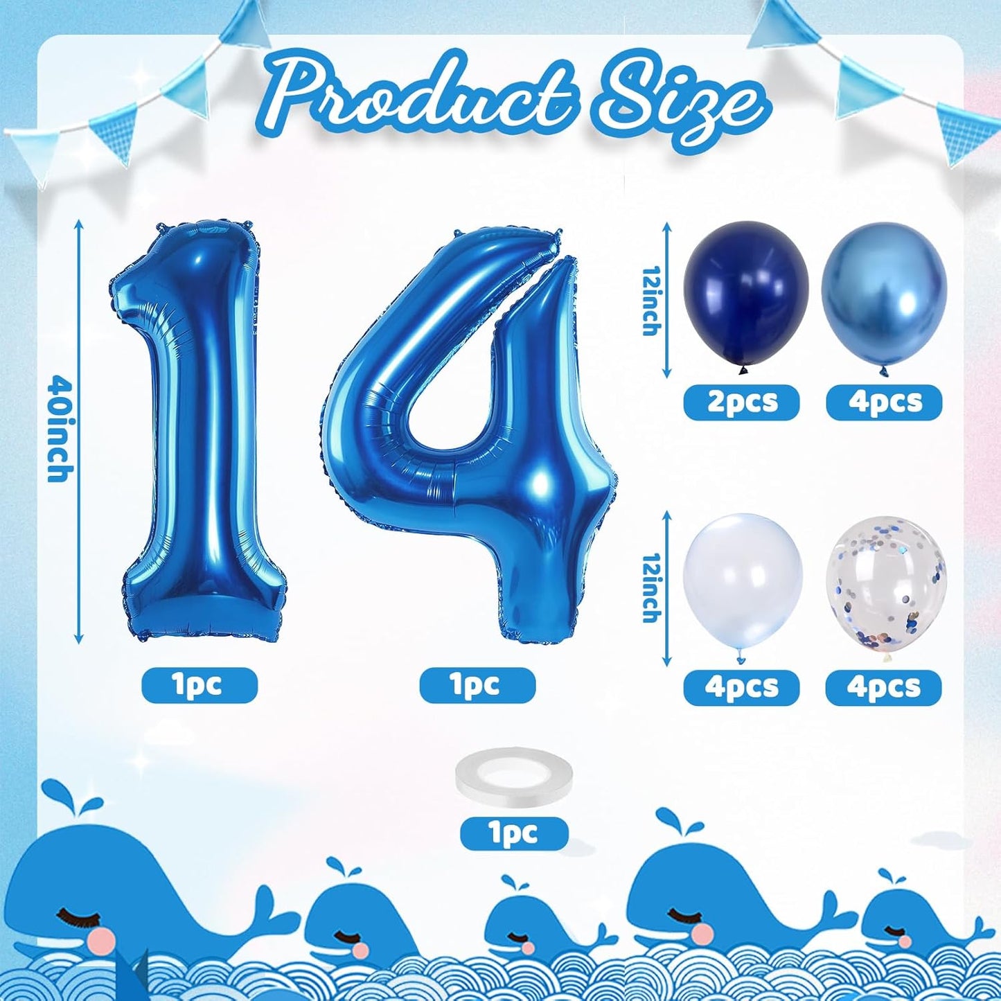 Large Foil Number 14 Balloons, Big Light Navy Blue 14 Helium Balloon with Metallic Silver Confetti Balloon for Boy 14th Birthday Party Decor, Mylar Self Inflating 14 Balloon for Graduation Decorations