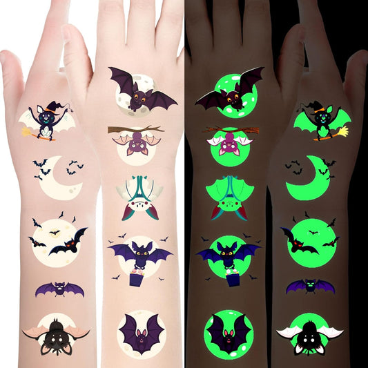 Luminous Halloween Temporary Tattoos for Kids，Halloween Party Favors-10 Sheet Glow Halloween Bat Tattoos for Boys and Girls,Halloween Decorations,Games Gift Prizes for Kids,Goodie Bag Fillers