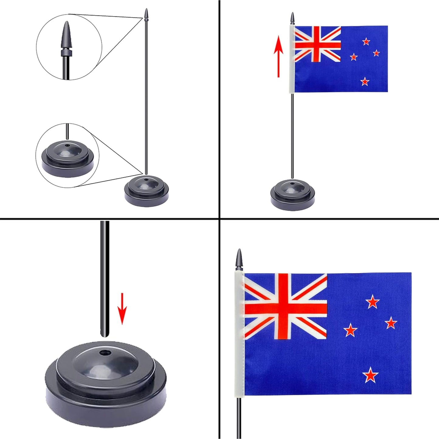 WXTWK 2 Pack New Zealand Flag New Zealand Deluxe Desk Flag Set - Mini Small New Zealand Table Office Flags with Black 12" Solid Pole Stand Base Classroom Meeting Desktop Decorations