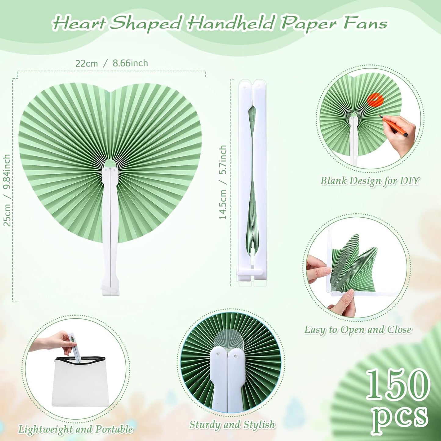 Unittype 150 Packs Wedding Paper Fans Heart Shaped Folding Handheld Fans for Wedding Decorate Guests Favor Anniversary Birthday Party Supplies Home Decor(Sage Green)