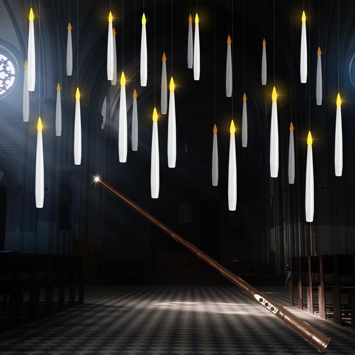 Floating Candles with Wand, 10 Pack Halloween Flameless Candles Battery Operated LED Taper Hanging Electric Candle for Christmas Halloween Birthday Party Decor 10.8in