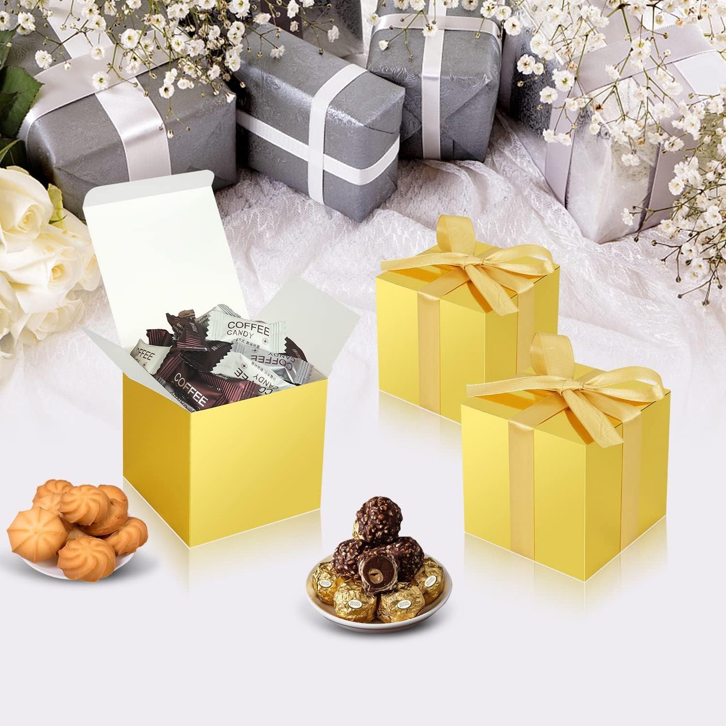 50 Pack Small Gift Boxes, 2x2x2 Favor Boxes Gold Paper Gift Boxes with Lids for Presents, Crafting, Cupcake Boxes, Gifts, Candy Boxes for Wedding Party Bridal Shower Baby Shower Favors