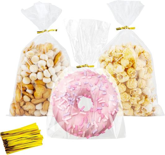 100 PCS Cellophane Treat Bags, Cidenbio 6x10 In Clear Cellophane Gift Bags with Twist Ties Plastic Goodie Bag for Party Favor Cookie Candy Popcorn Bakery Chocolate Gift Wrapping