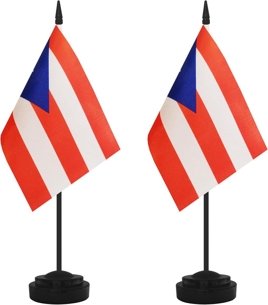 2 Pack Puerto Rico Desk Flag Set, Puerto Rican Desktop Small Miniature Table Office Flag with 12" Black Pole and Black Base, Offices, Classroom, Home, Festival Decoration (Puerto Rico)